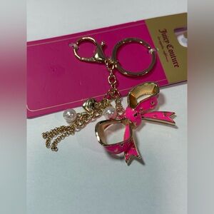 Juicy Couture Hot Pink Enamel Bow Keychain Gold Tone Pearl Charms NWT